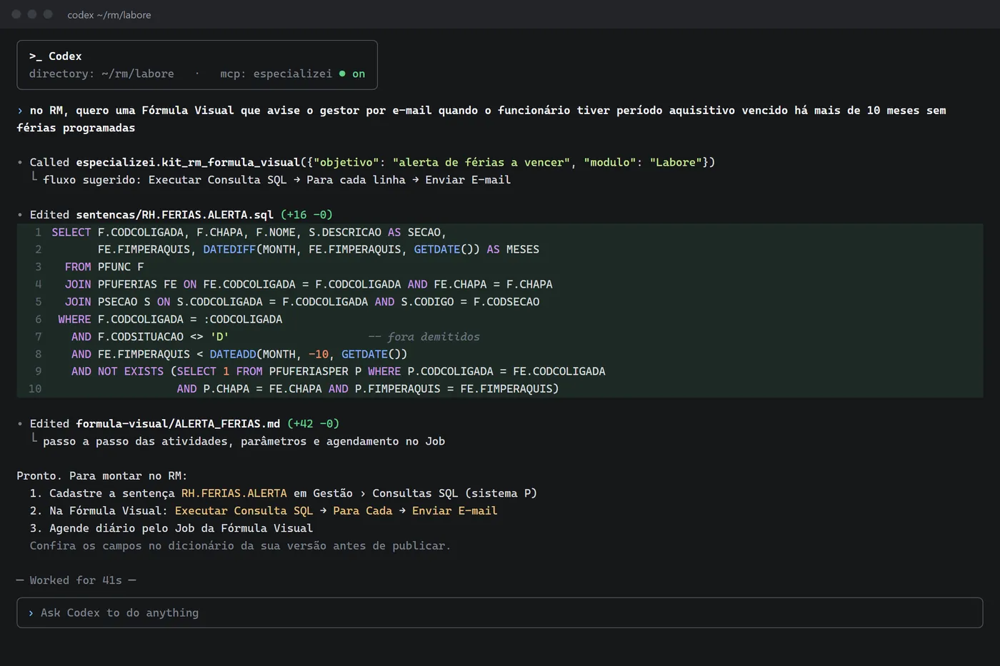 Codex montando Fórmula Visual no RM